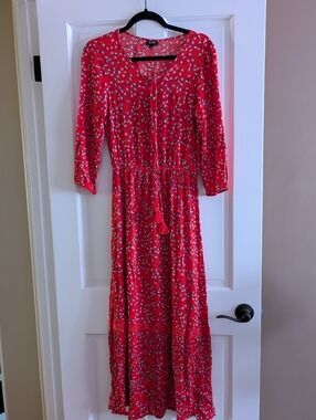 Women's Red Floral Tie-Waist Maxi Dress